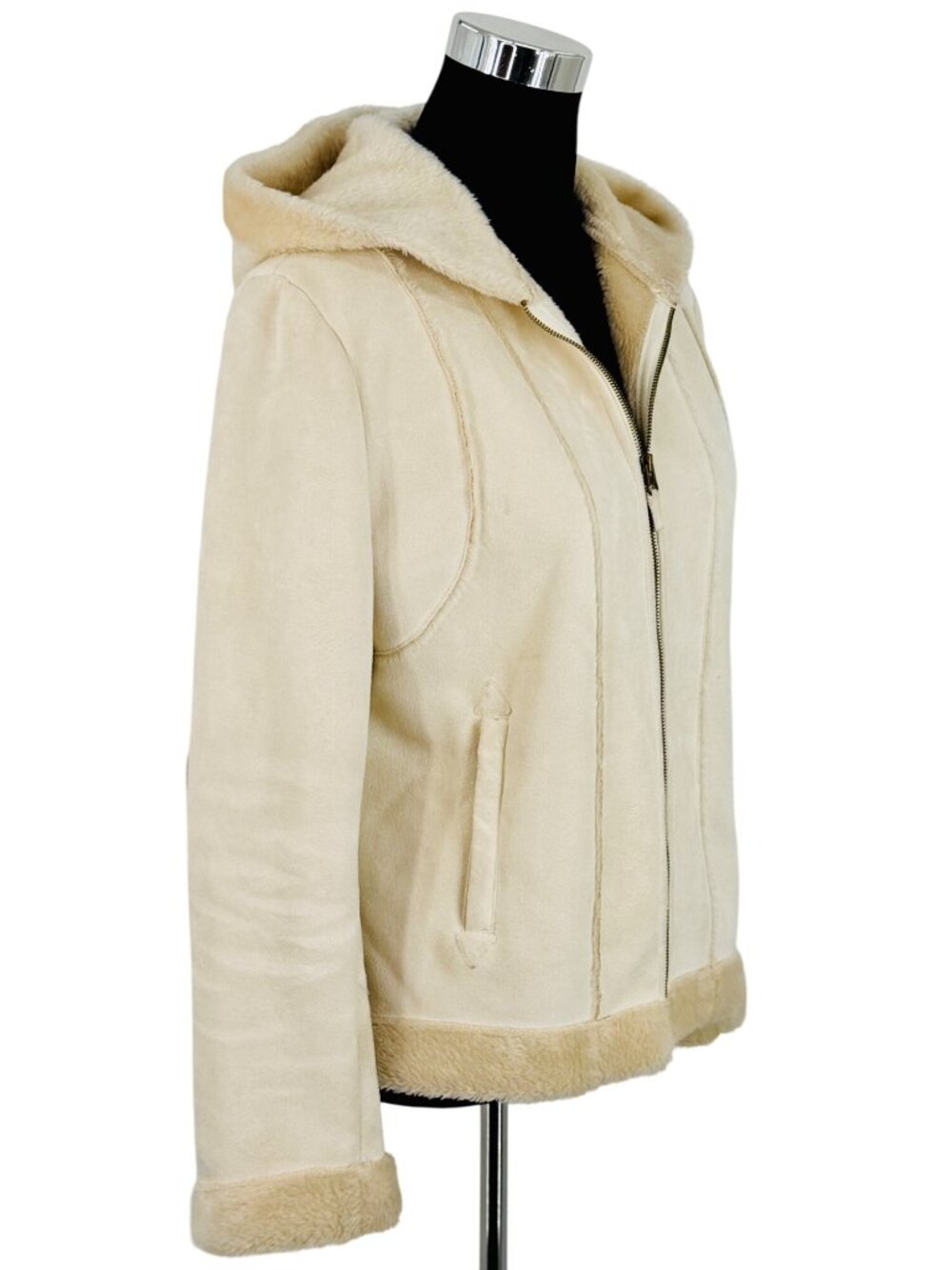 Vintage Hydraulic Hooded Cream Faux Suede & Fur Penny Lane Coat L Y2K 90s Grunge - Picture 12 of 16